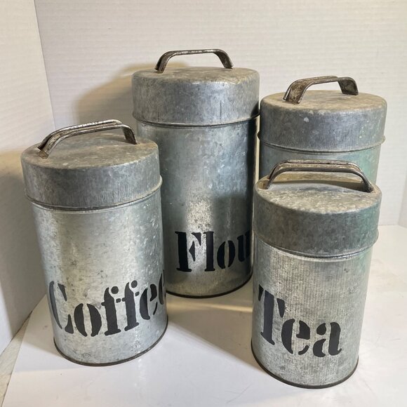Vintage Vandor Imports Galvanized Metal Canister Set For Coffee Tea Sugar & Flou - Picture 2 of 15